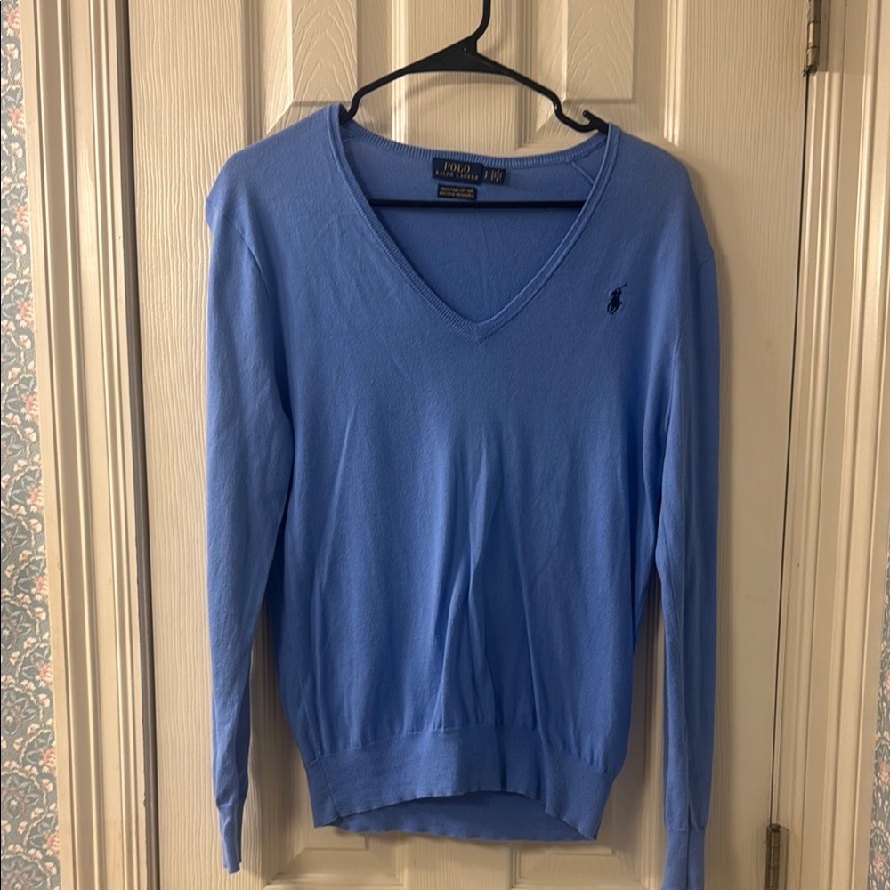Polo by Ralph Lauren Blue V-Neck Sweater with Ribbed Detailing